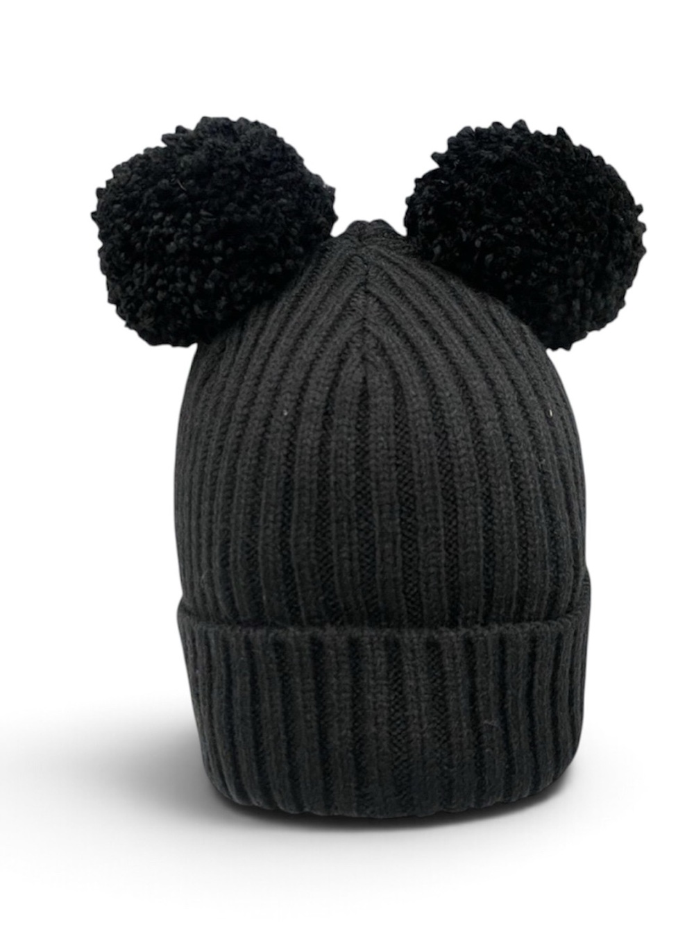 Black Knit Beanie with Pom Poms